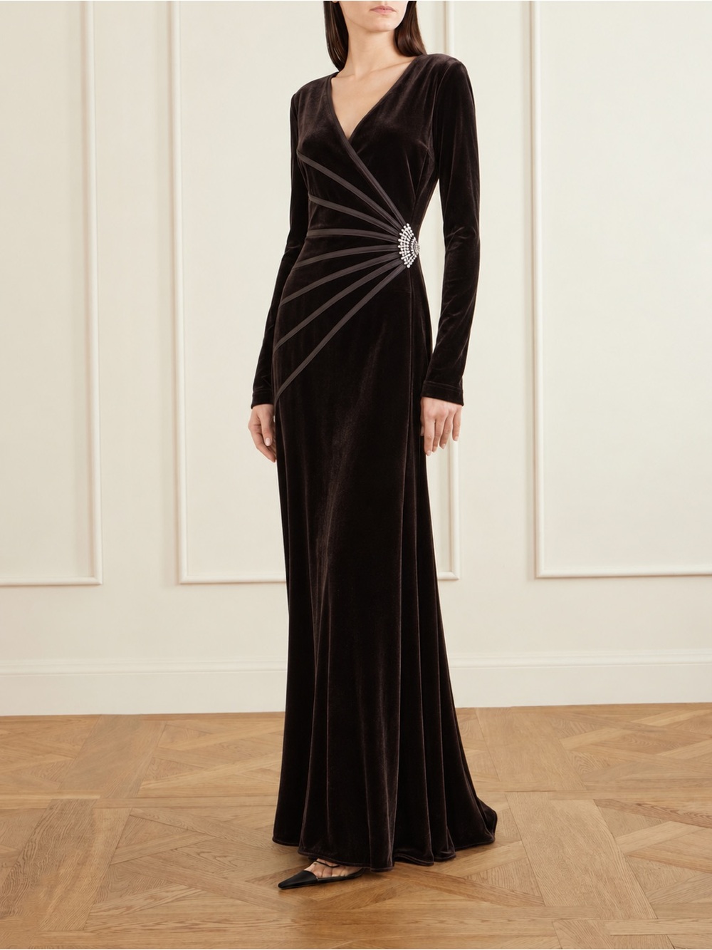 Tadashi Vintage Chocolate Velvet Swarovski Crystal Maxi Gown Size L